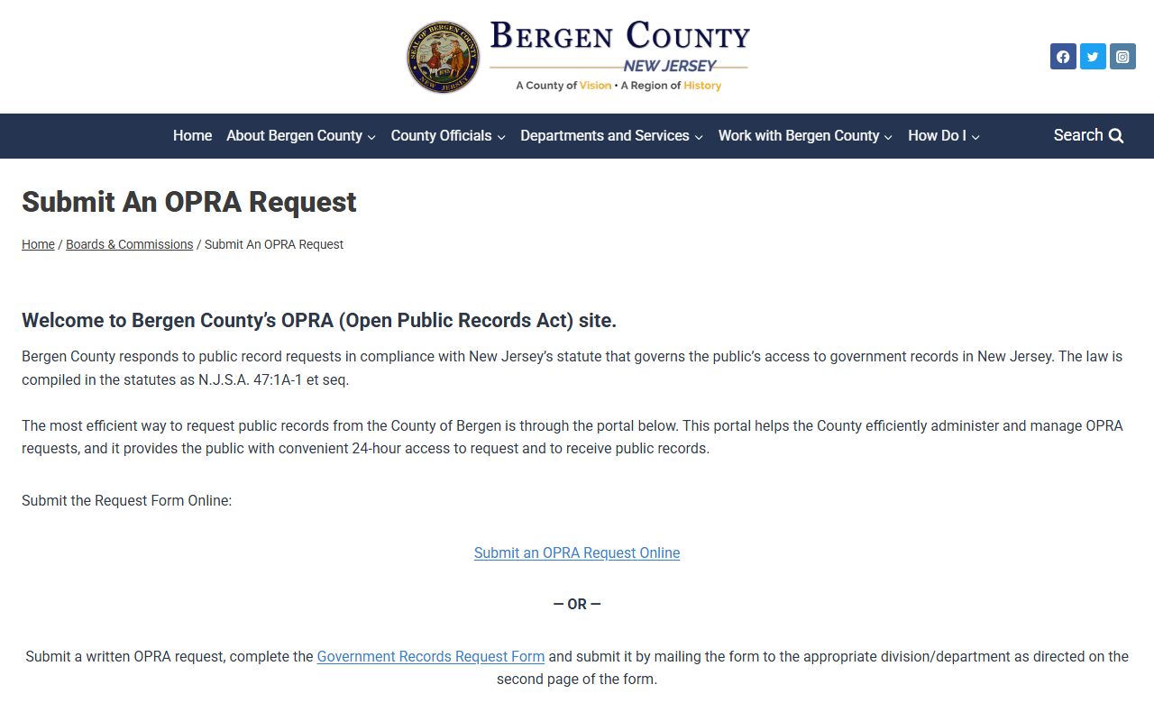 Bergen County OPRA Request Portal for DUI records