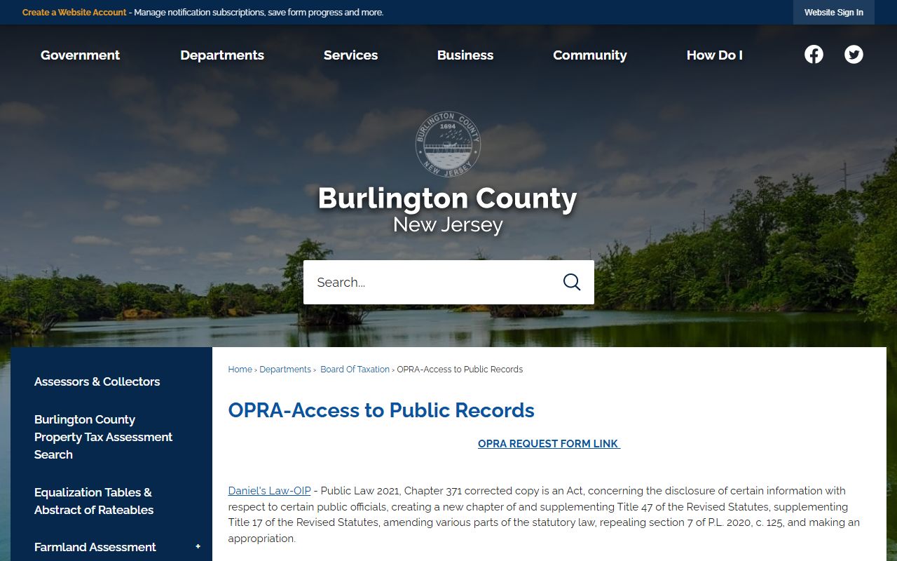 Burlington County OPRA access page for Burlington County DUI records