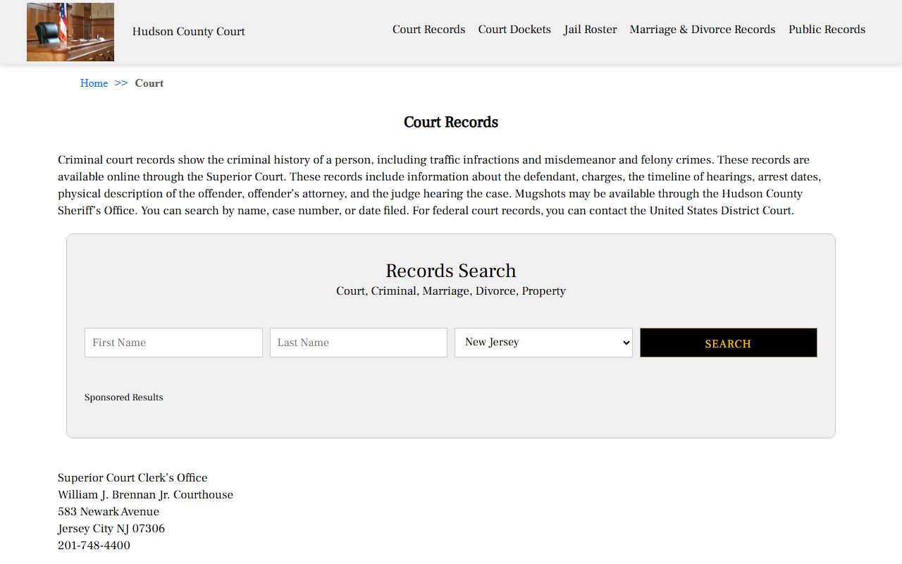 Hudson County Superior Court records page for Hudson County DUI records