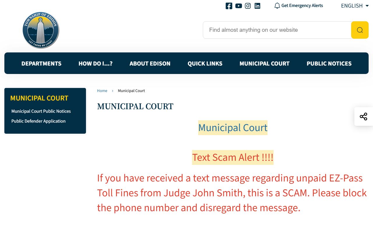 Edison Township Municipal Court website for Middlesex County DUI records