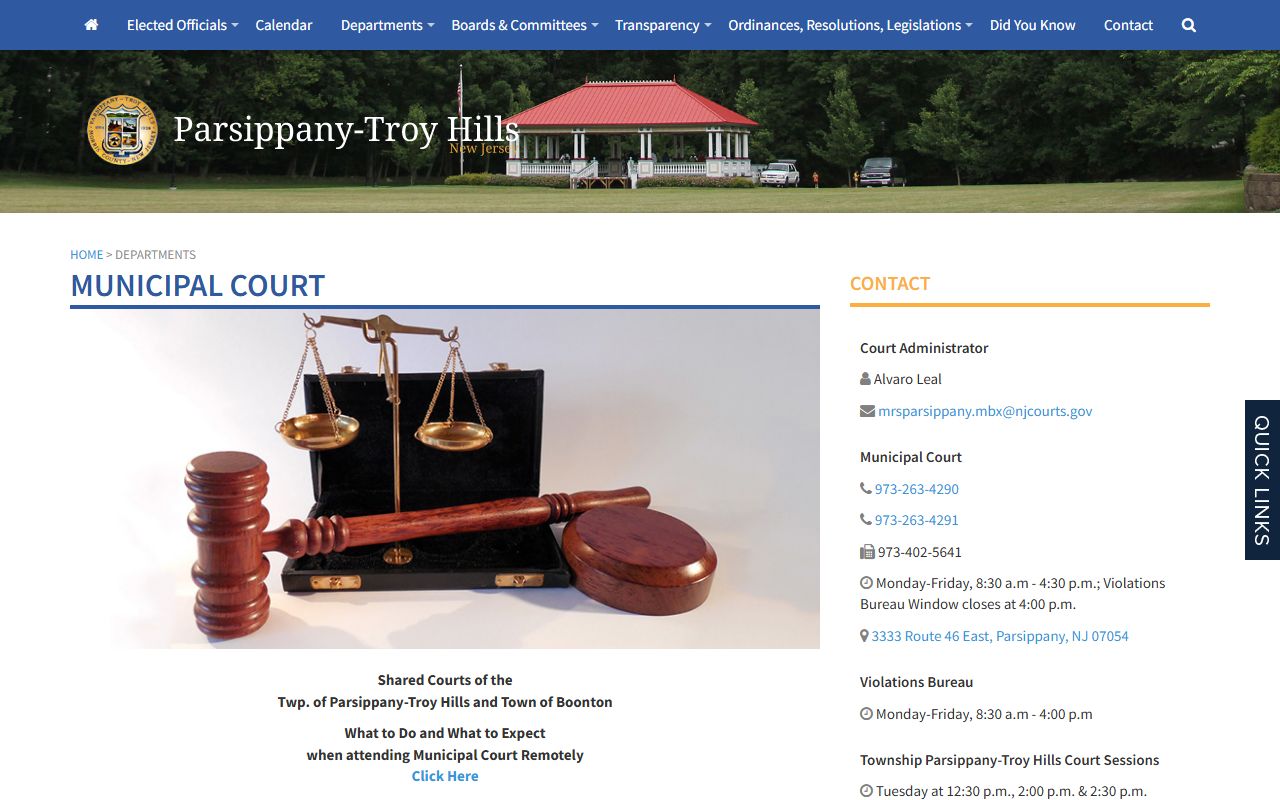 Parsippany-Troy Hills Municipal Court website for Morris County DUI records