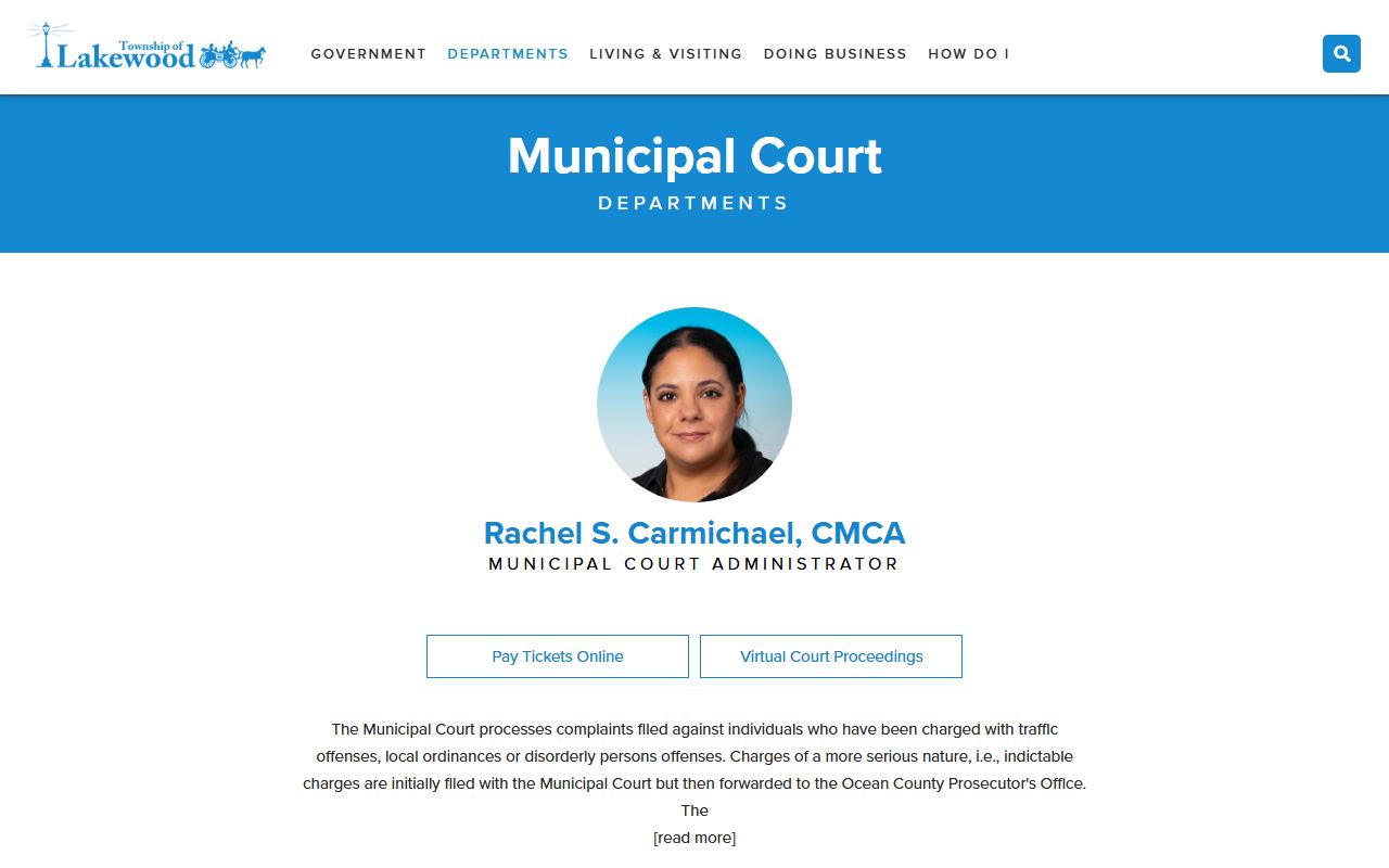 Lakewood Township Municipal Court website for Ocean County DUI records