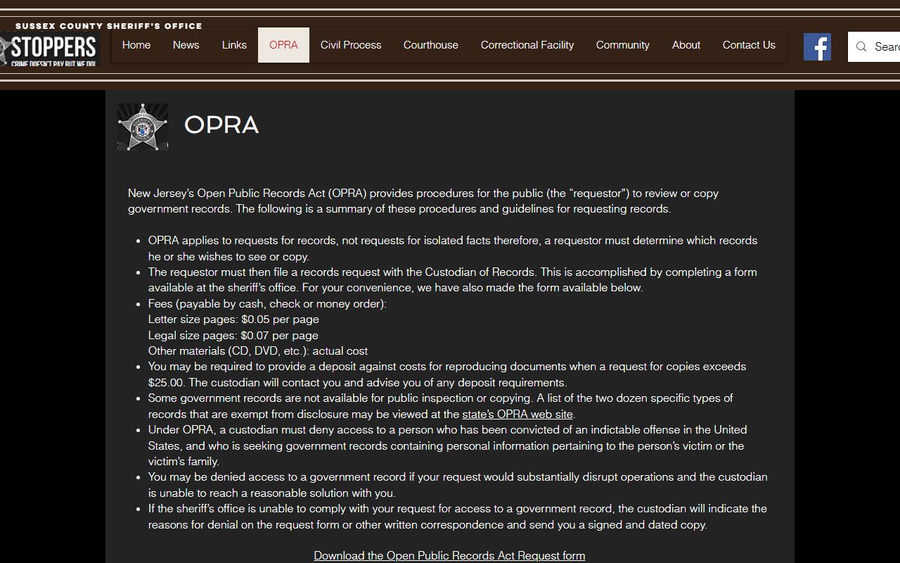 Sussex County Sheriff OPRA page for Sussex County DUI records