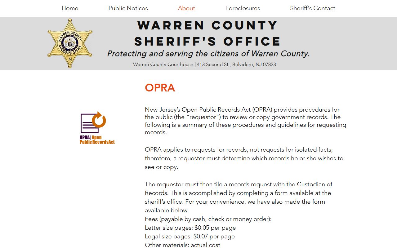 Warren County Sheriff OPRA page for Warren County DUI records