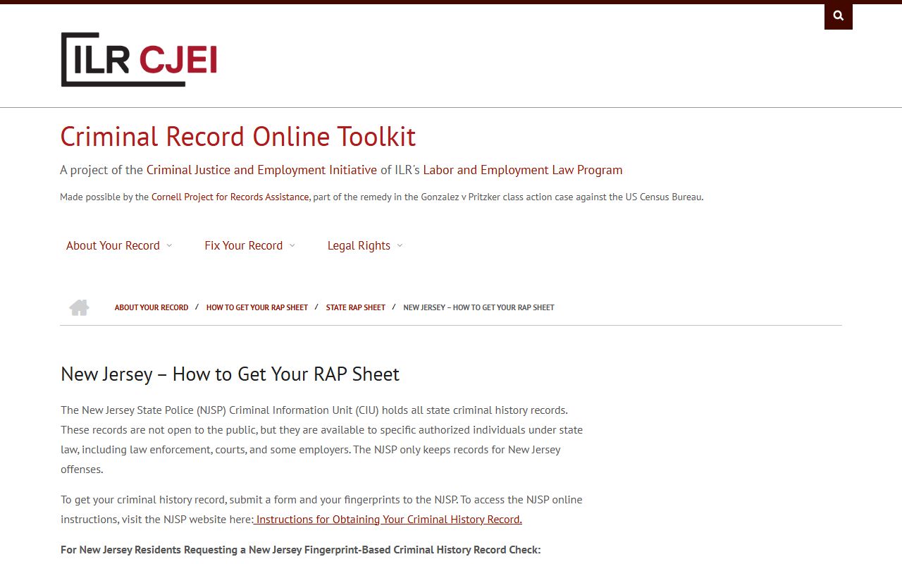 Cornell Law New Jersey rap sheet guide for DUI records