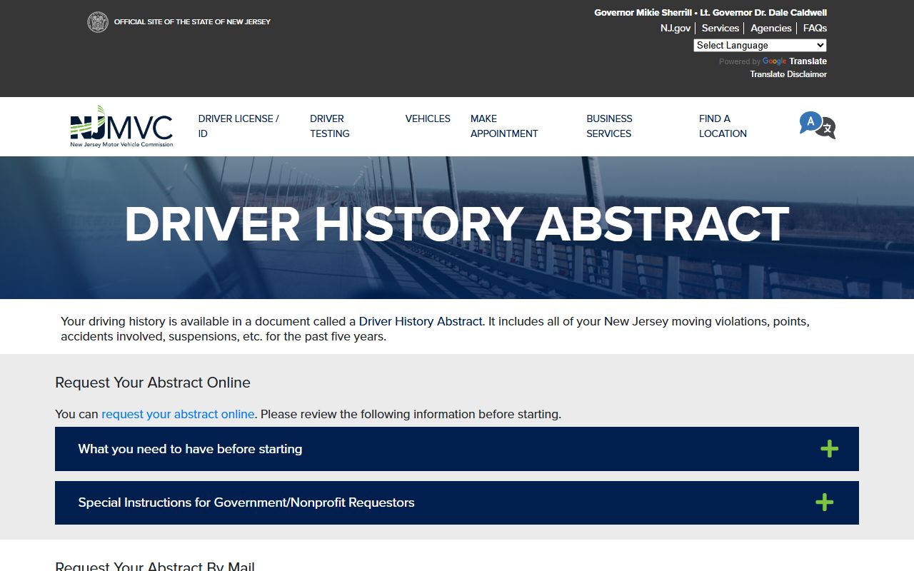 New Jersey MVC driver history abstract page for DUI records